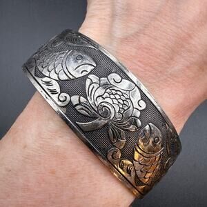Tibetan Style Silver Tone Cuff Bracelet Koi Fish Lotus Flower Wide Boho Ethnic